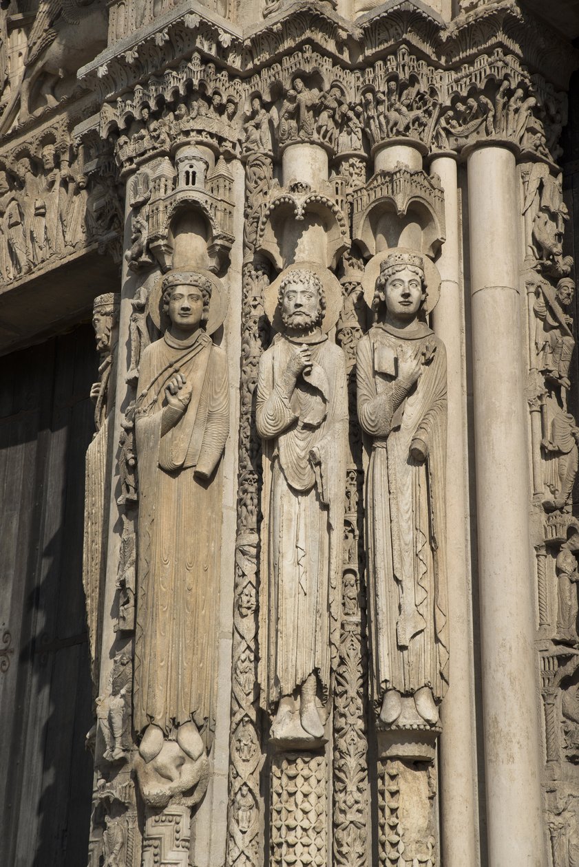 Cathedrale de chartres, detalje af bugtens venstre udbrud til højre for den kongelige port, fra venstre mod højre, en konge, Roland, louis vii af French School