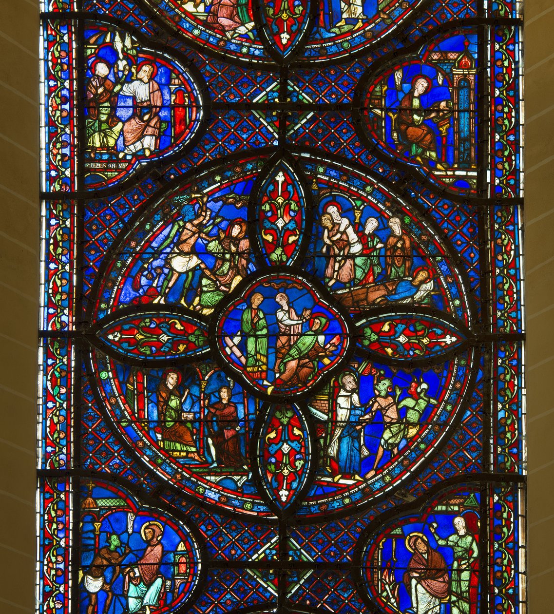 Cathedrale de chartres, farvet glas: Saint Antoine og Saint Pauls liv, eneboere, detaljer i midten af French School