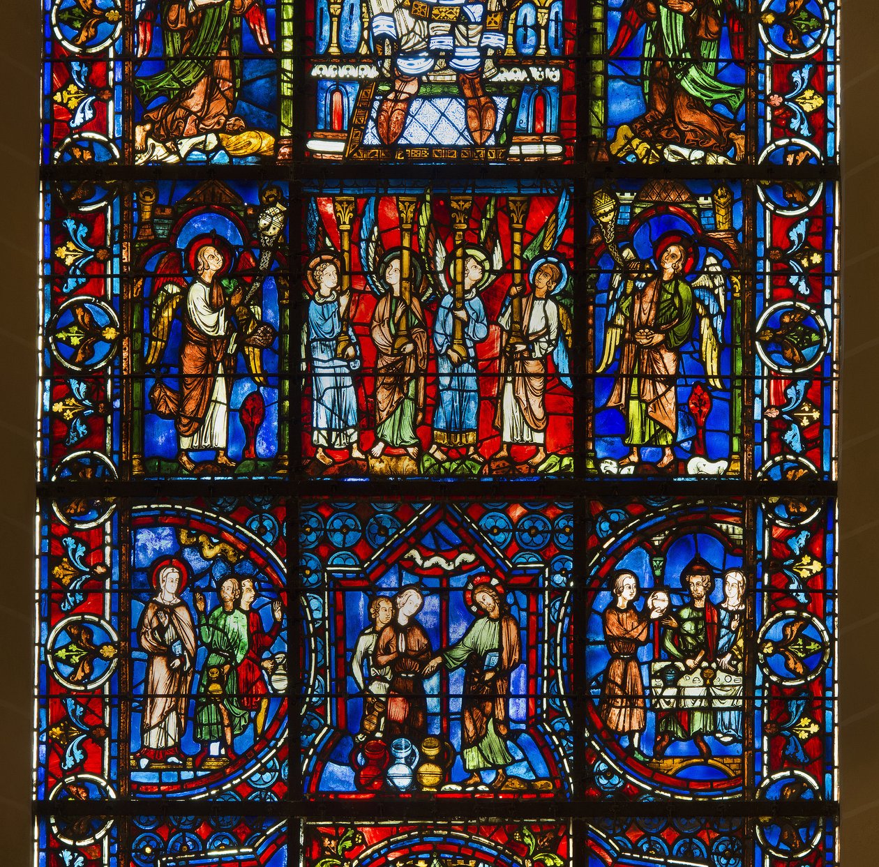 Cathedrale de chartres, farvet glas: vor frue af det smukke glas med under Kristi offentlige liv detaljecenter af French School