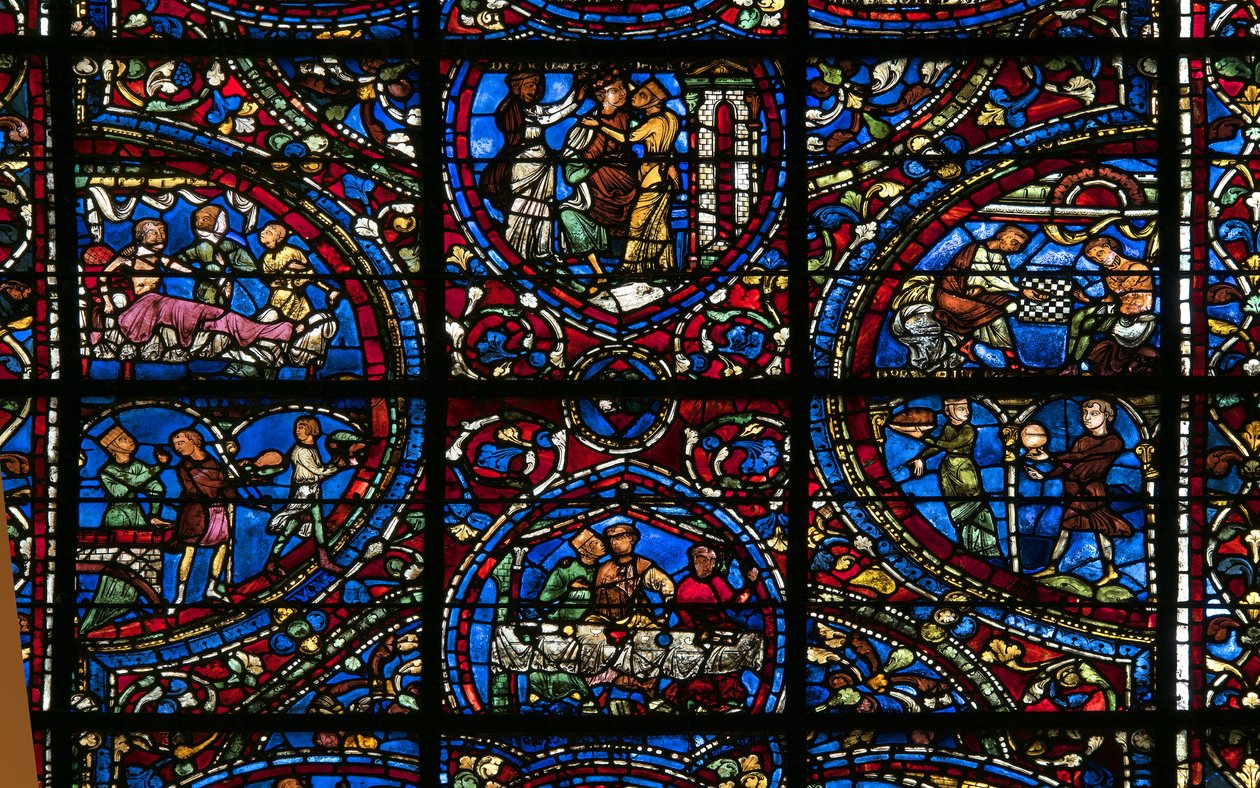 Cathedrale de chartres, farvet glas: lignelse om den fortabte søns detalje af French School