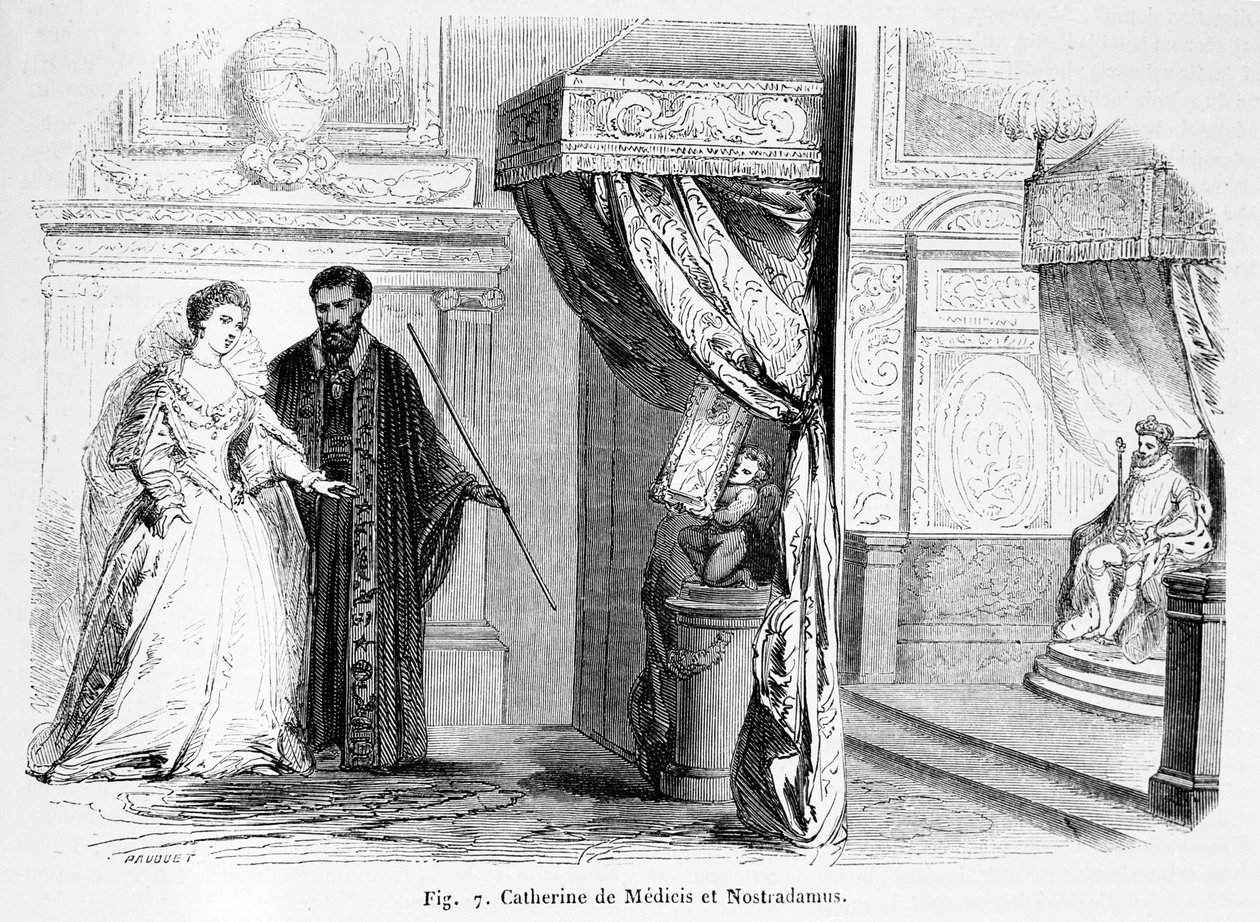 Catherine de Medici (1519-89) med Nostradamus, fra Magasin Pittoresque, 1849 af French School