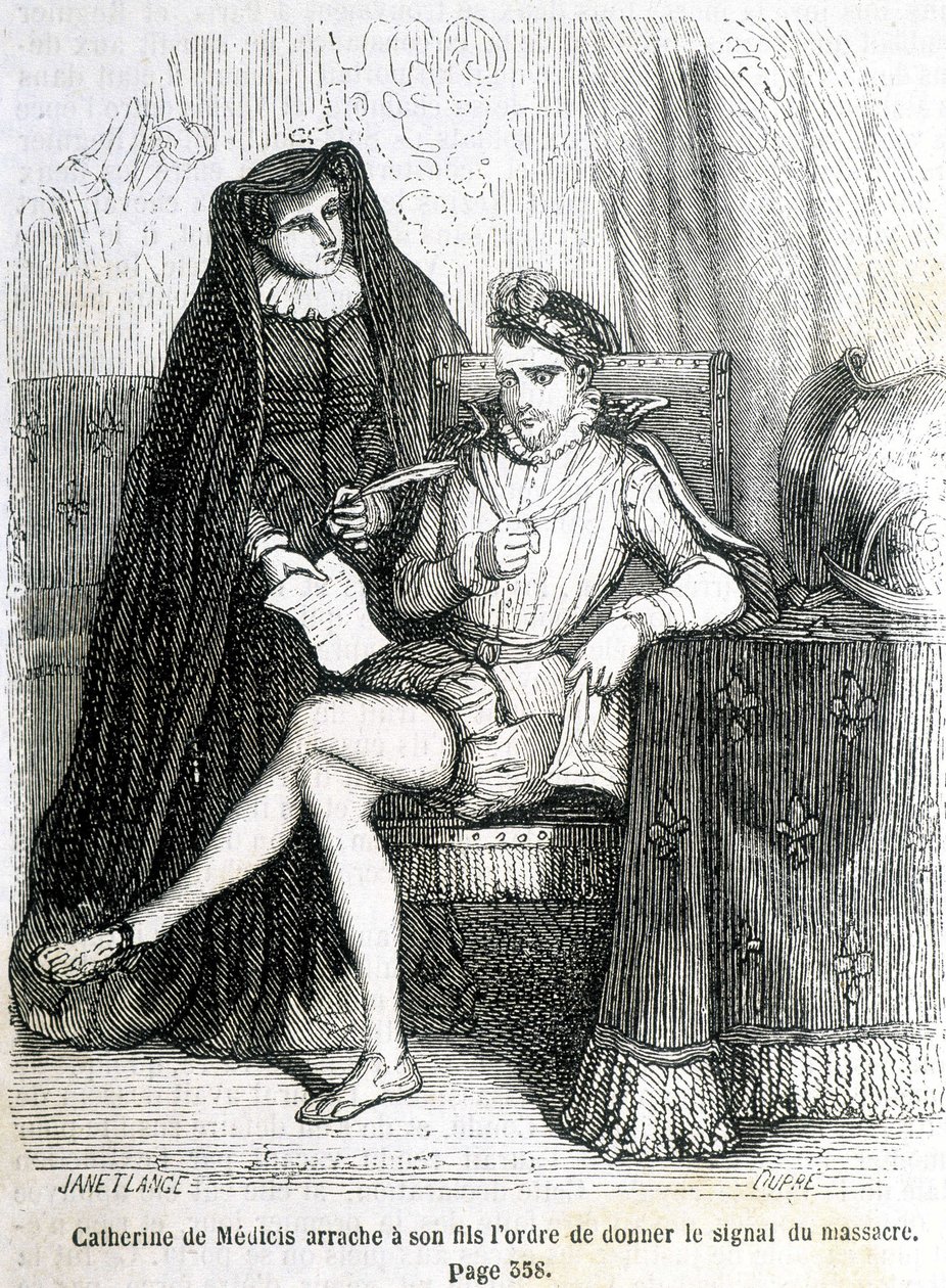 Catherine de Medici (Caterina de Medici) river fra sin søn (Charles IX) ordren om at give signalet om massakren på Saint Barthelemy i 1572 - i "Histoire de France" af L.-P. Anquetil af French School