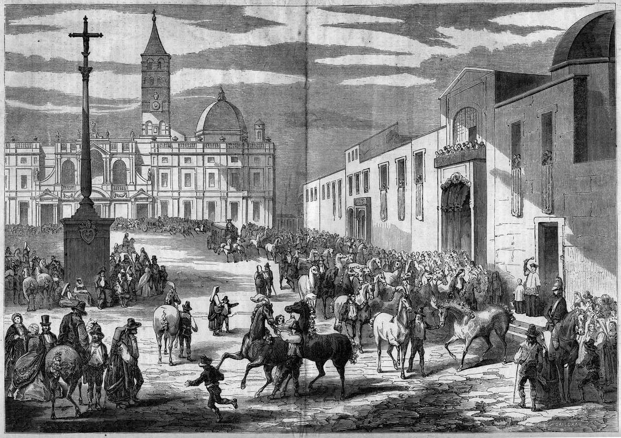 Katolsk fest - Sankt Antonius: velsignelse af heste på pladsen i kirken Sankt Maria Maggiore (Santa Maria Maggiore), Rom, Italien, januar 1859. Foran kirken, en granitsøjle toppet af et kors (1595) til minde om omvendelse af Henry af French School