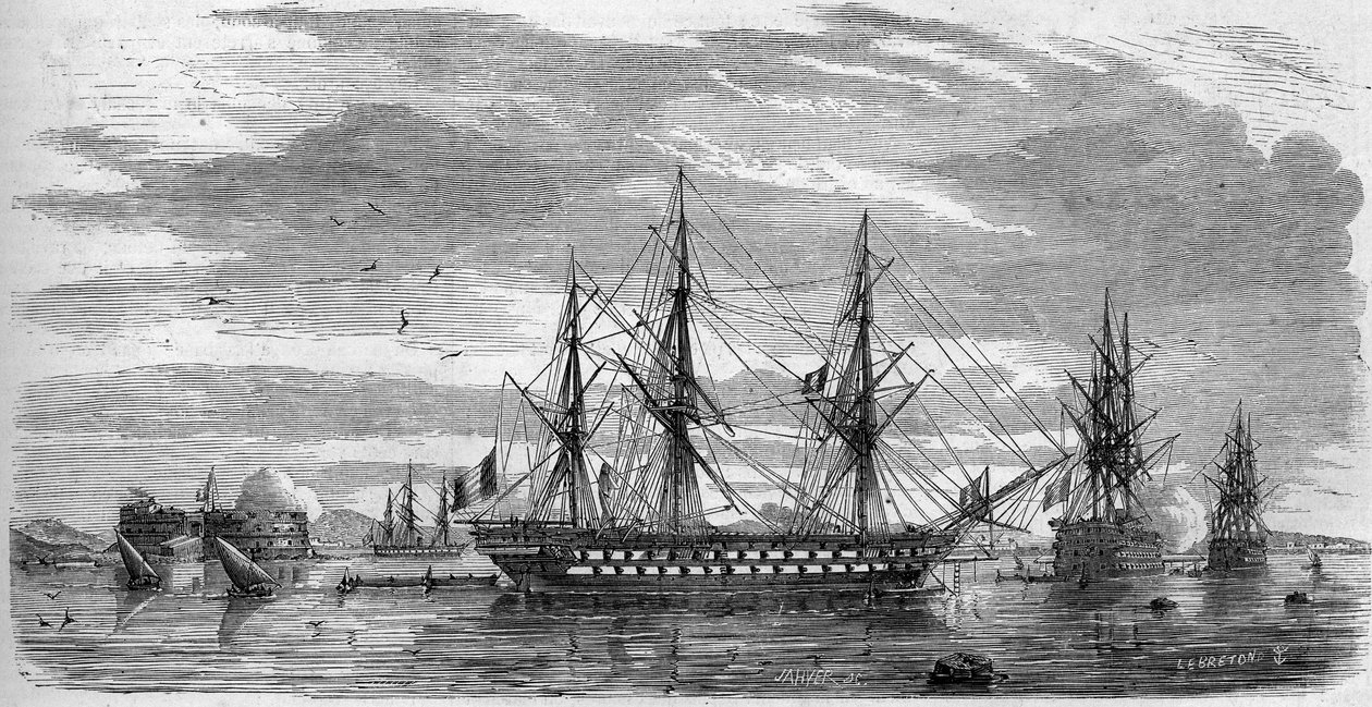 Katolsk fest: Langfredag (helligfredag) i Toulon (Var, 83) i 1858. Skibene har deres stænger i kors og deres flag med halve fald som tegn på sorg. Indgravering i "" Le Monde Illustré"" nr. 53 af 17. april 1858. af French School