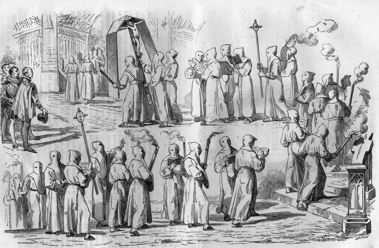 Katolsk sjov og overtro. Procession af Penitents under angrebet af Rom af kejser Othon I den Store (912-973). Indgravering i "Histoire des Papes-Rois-Queen and Empereurs a travers les centuries"" af Maurice Lachatre af French School