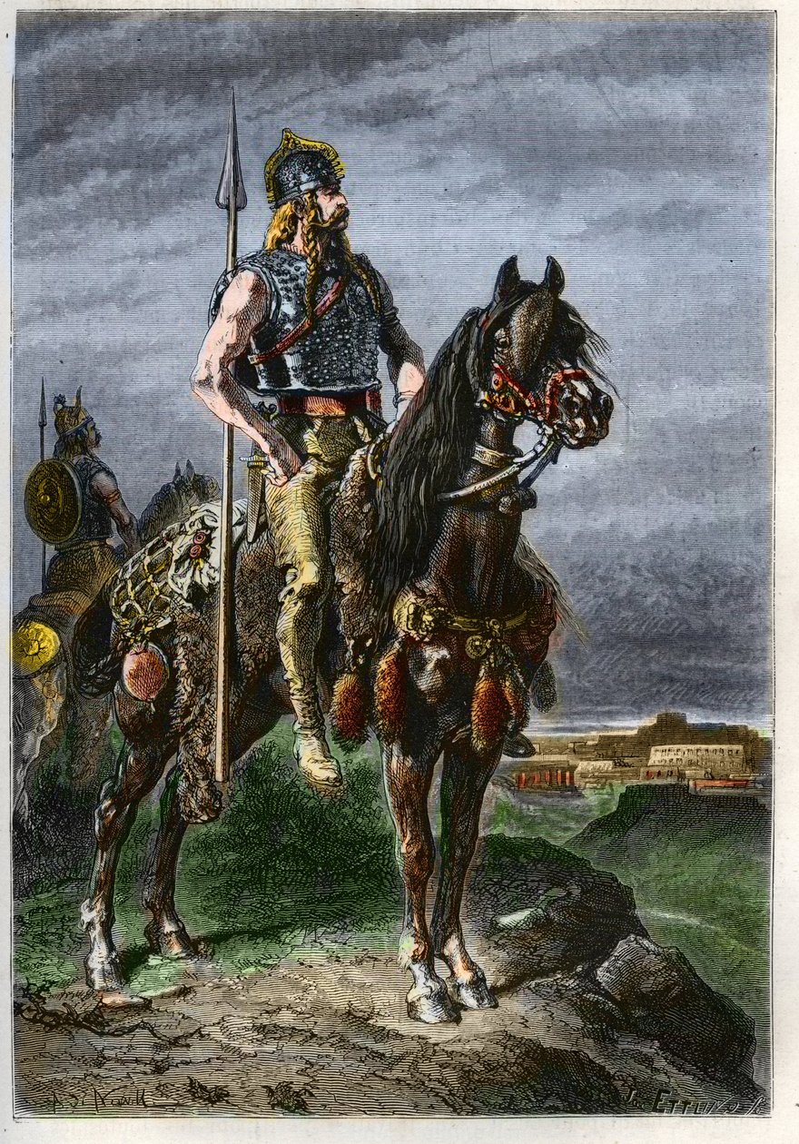 Cavalier Gaulois - gallere til hest i det antikke romerrige - gravering fra "" Frankrigs historie fortalt til mine børnebørn"" - af Francois Guizot - 1872-1876 af French School