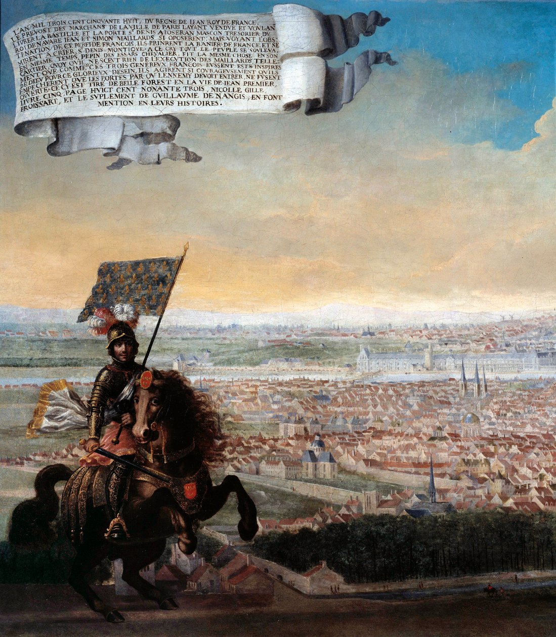 Kavalerisk udsigt over Paris fra Faubourg Saint Jacques Mindehøjtidelighed for forsvaret af Paris af kansler Pepin des Essarts efter Etienne Marcels forræderi i 1358. Detalje. Maleri af den franske skole. 1640 søn. 0,96x1,92 m Paris, Musee Carnavalet af French School