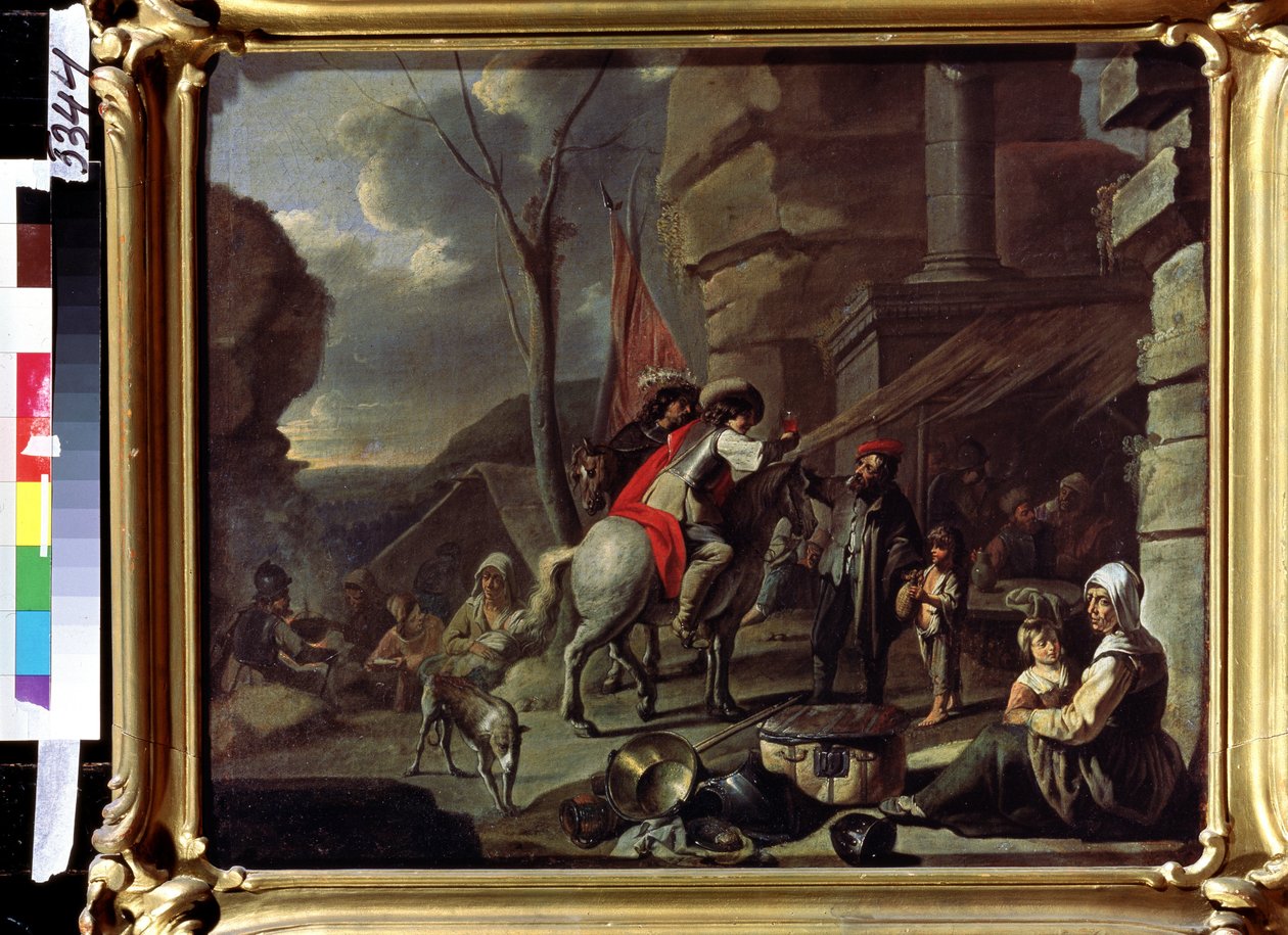 ""Ryttere ankommer til en kro på vejen"" (Ryttere på et værtshus) Tiggere er installeret foran indgangen. Maleri fra den franske skole i anden halvdel af 1600-tallet. Pushkin Museum, Moskva af French School