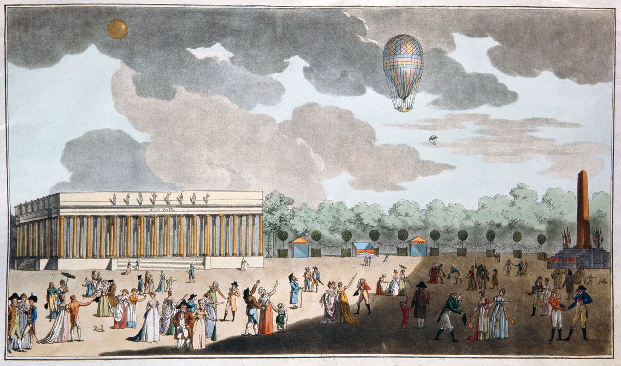 Fejring af Bastilledagen den 14. juli på Champs Elysees, Paris i 1801 (håndfarvet akvatint) af French School