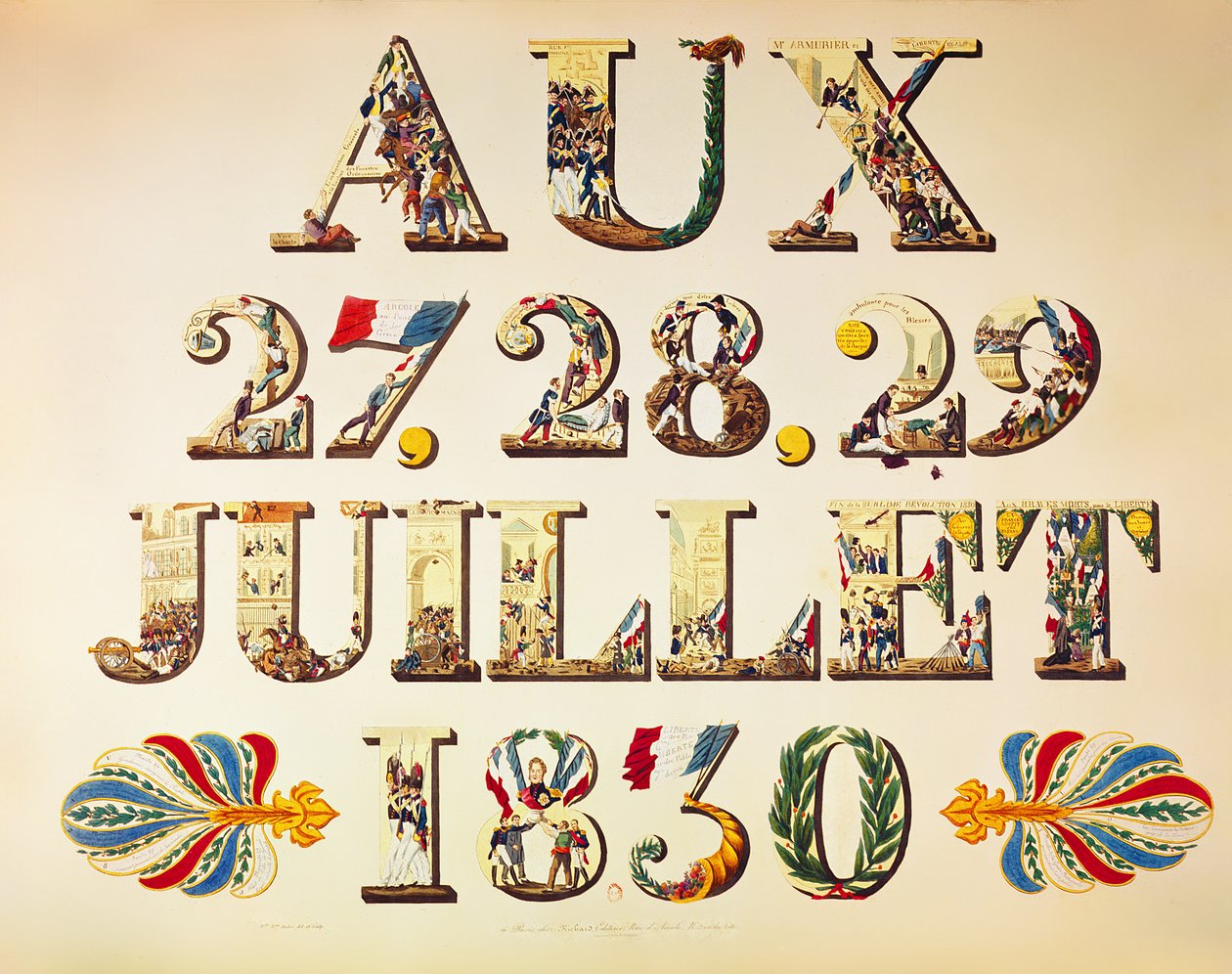 Fejring af de tre herlige dage, 27., 28. og 29. juli 1830 (farvegravering) af French School