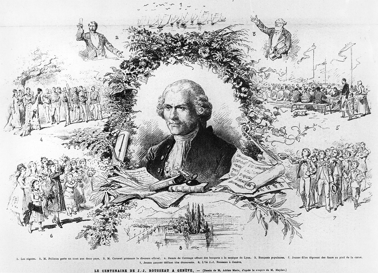 Fejring i Genève for at fejre hundredåret for Jean-Jacques Rousseaus død, illustration fra Le Monde Illustree, 1878 af French School