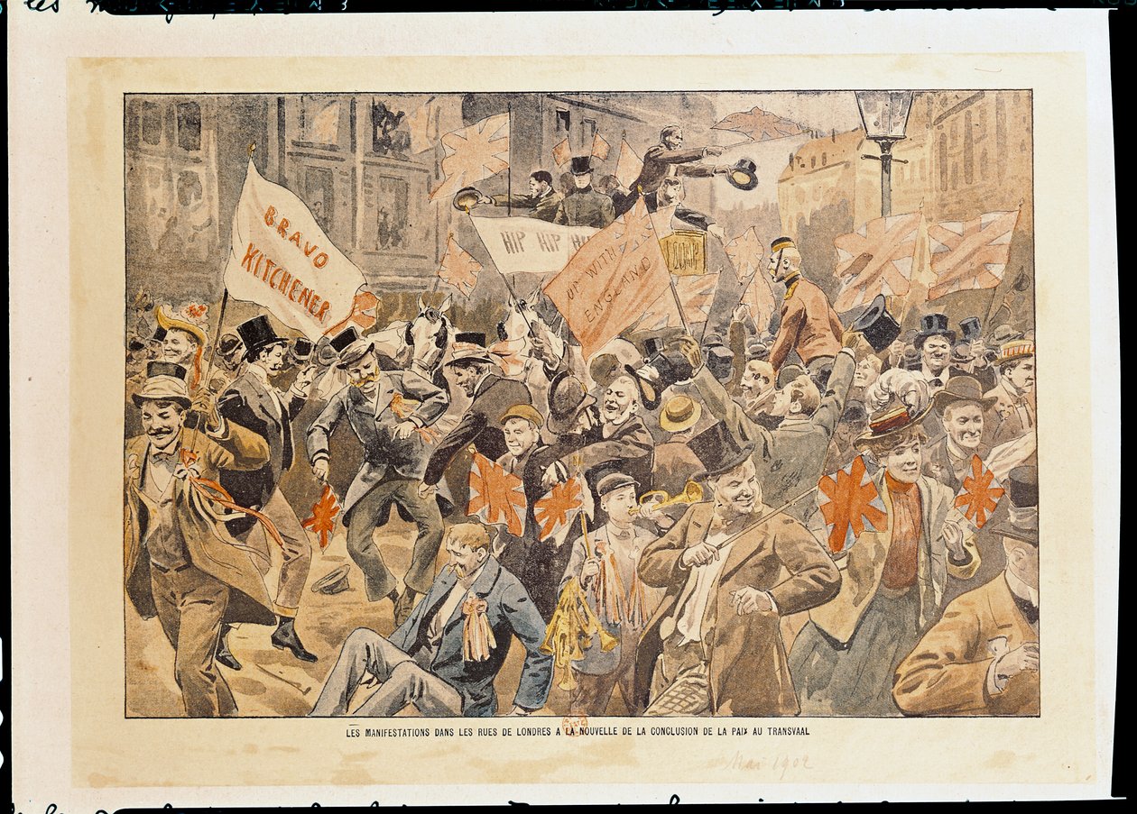 Festligheder i Londons gader efter nyheden om indgåelsen af fred i Transvaal, maj 1902 (print) af French School