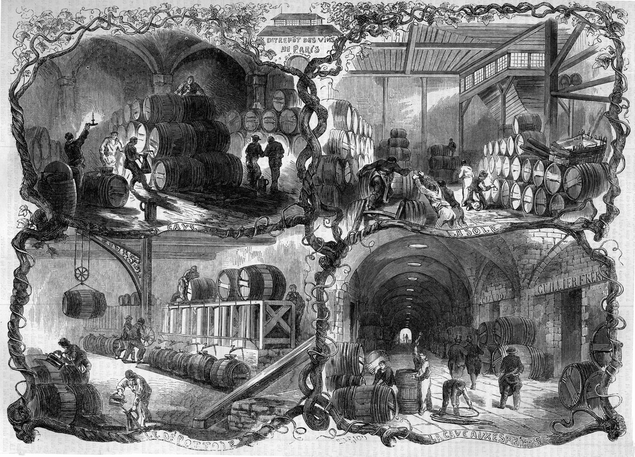 Kældre i lageret af vin og spiritus (eaux-de-vie) i Paris; 1858. Indgravering i "" Le Monde Illustré"" nr. 46 af 27. februar 1858. af French School