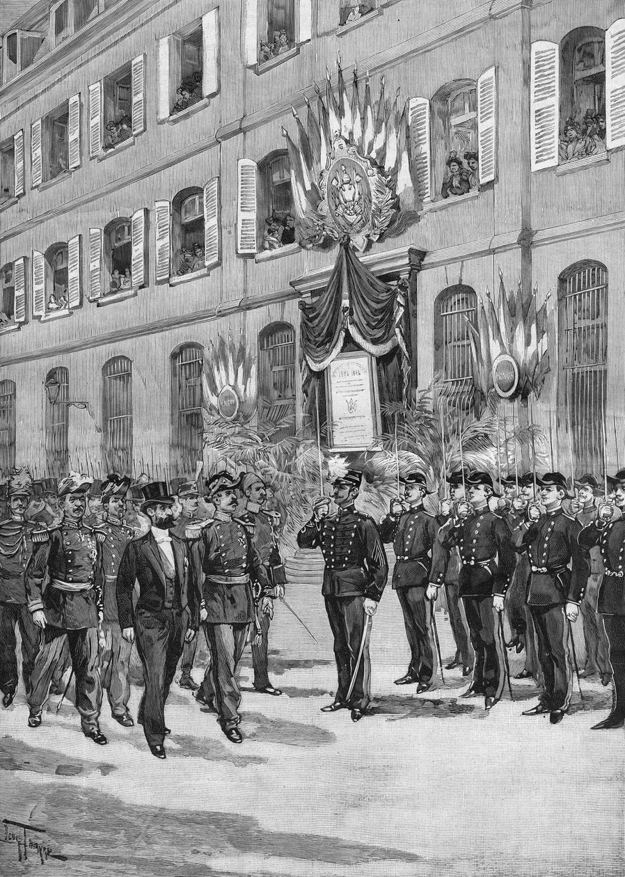Centenary of Ecole Polytechnique: Sadi Carnot (1837-1894), fransk præsident, der gennemgår eleverne, Paris 1894. af French School
