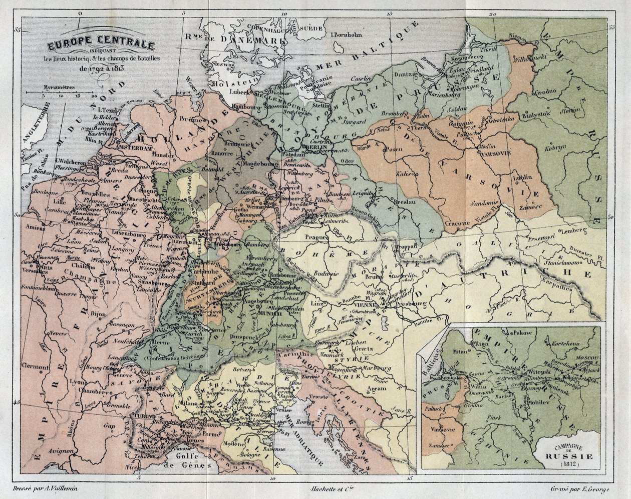 Centraleuropa, der viser de historiske steder og slagmarker fra 1792-1813 - Centraleuropa, der viser historiske steder og slagmarker fra 1792 til 1813 - indgravering i "Histoire de France" af Victor Duruy (1811-1894) - 1882 af French School