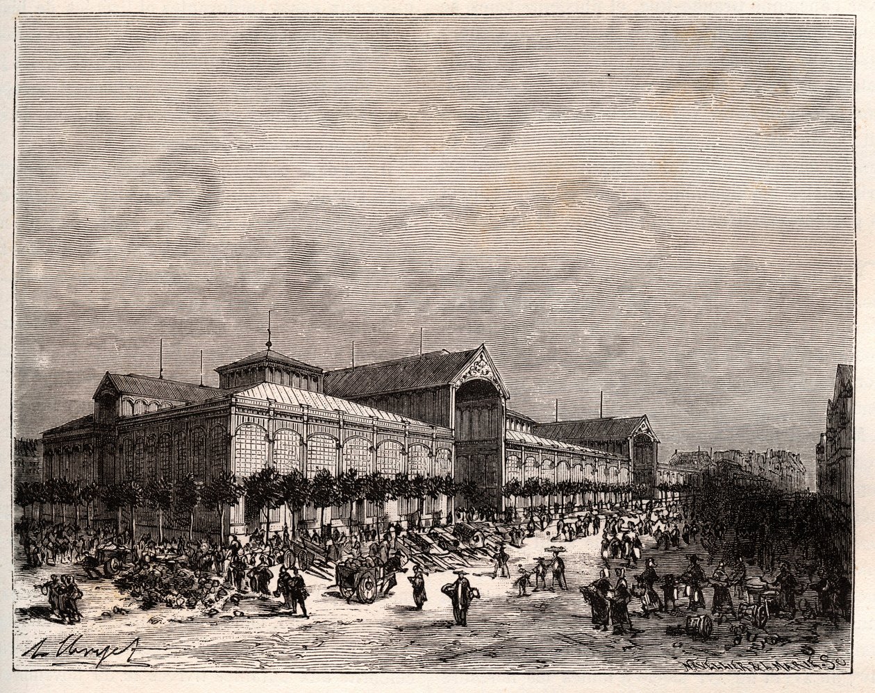 Centrale haller i Paris i det 19. århundrede - indgravering i "La France illustree: geographie, histoire, administration statistique" af V.A. Malt-brun. 1884 af French School