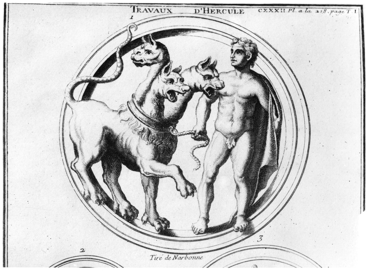Cerberus tæmmet af Hercules af French School