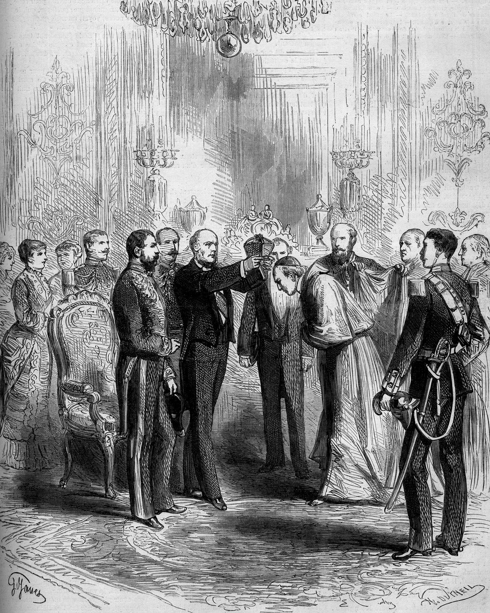 Ceremoni for præsentationen af kardinalatets insignier: Pier Francesco Meglia (1810-1883) modtog kardinalens røde frakke, mens Jules Grevy (1807-1891) placerede kardinalbaretten på hans hoved. Paris, Palais de l