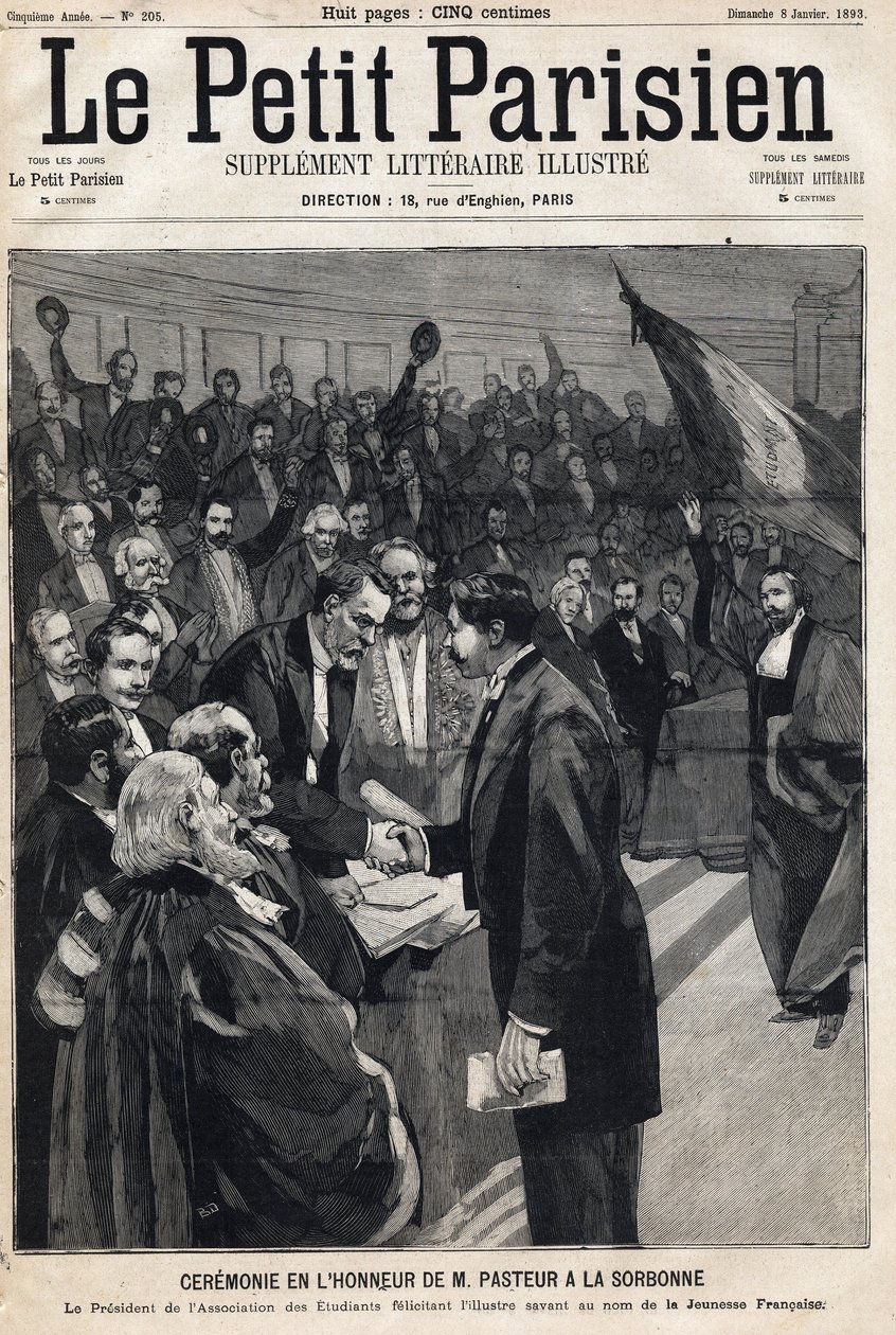 Ceremoni til ære for videnskabsmanden Louis Pasteur (1822-1895) på Sorbonne for at fejre hans fødselsdag. En af avisen "Le Petit Parisien"" den 08/01/1893 (gravering) af French School