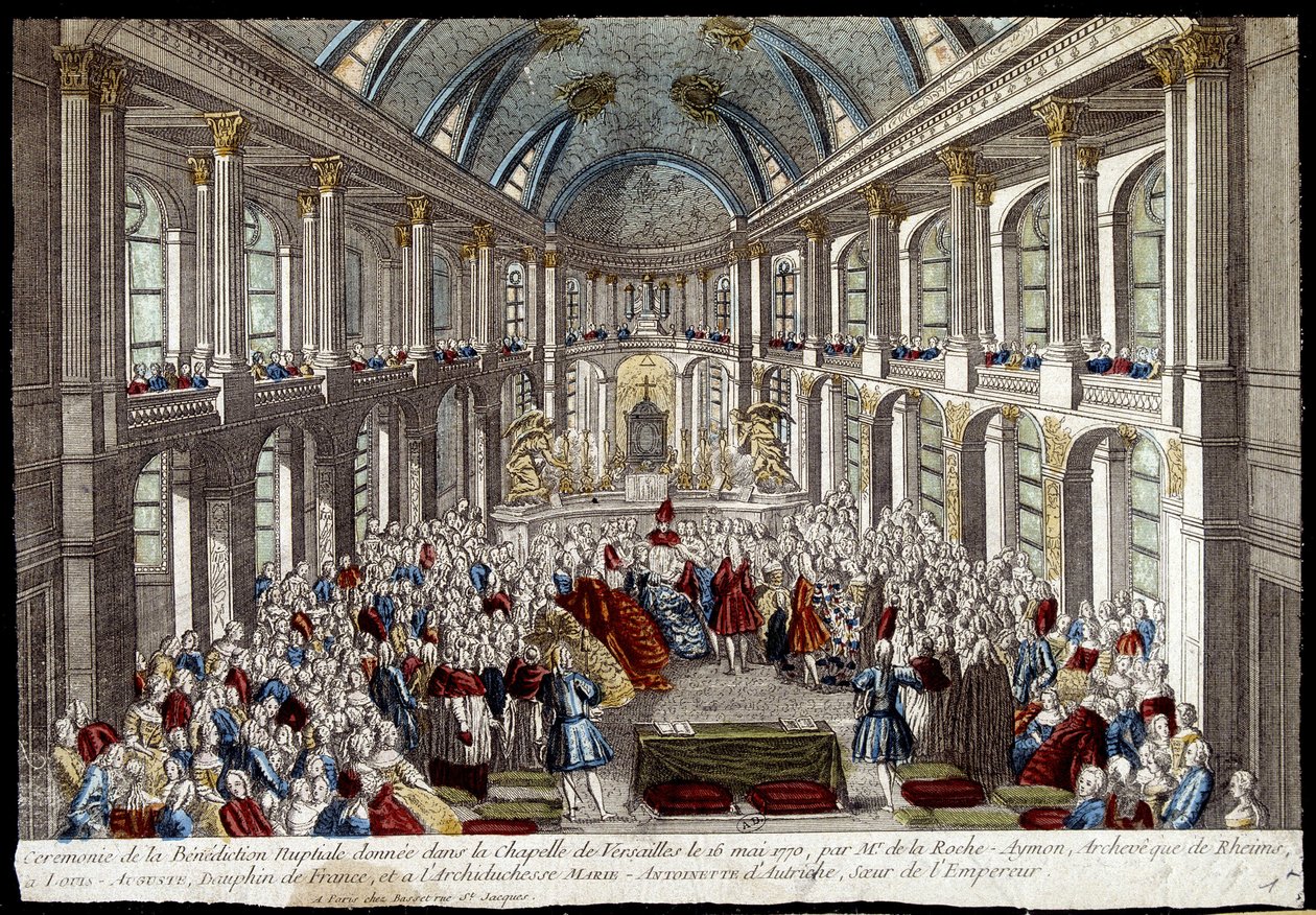 Ceremoni for brudevelsignelsen givet i kapellet i Versailles den 16. maj 1770 af Louis Auguste, delfin fra Frankrig (Louis XVI), og Marie Antoinette af Østrig - gravering af French School