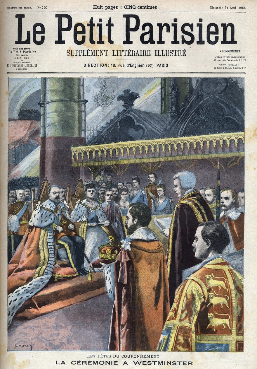 Ceremoni for kroningen i Westminster: Kong Edward VII (1841-1910) og Alexandra af Danmark (1844-1925), i "Le petit Parisien"" af French School