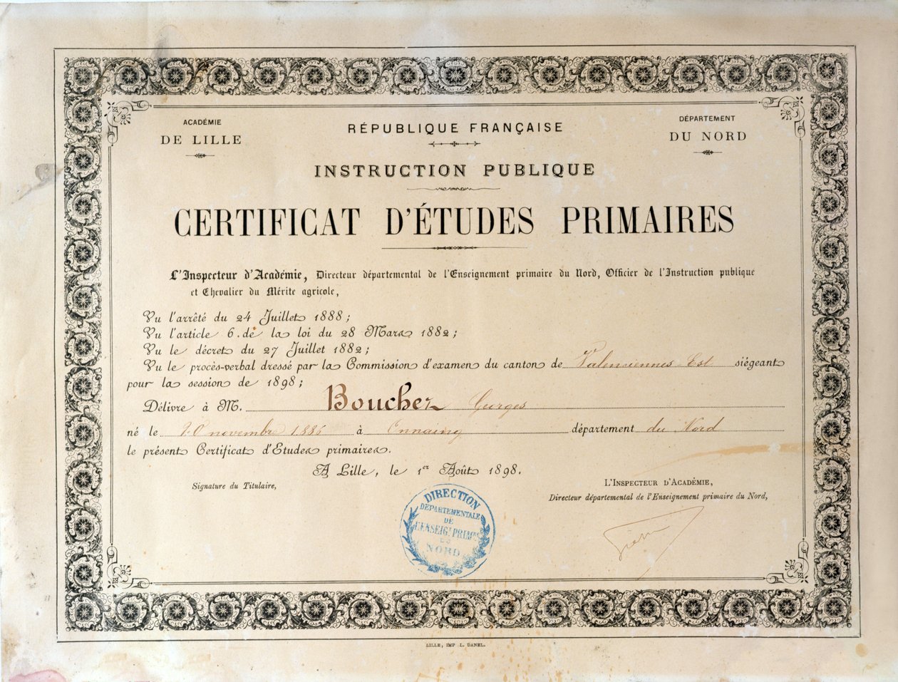 Certificate of Primary Education, Academie de Lille, 1898 (blæk på papir) af French School