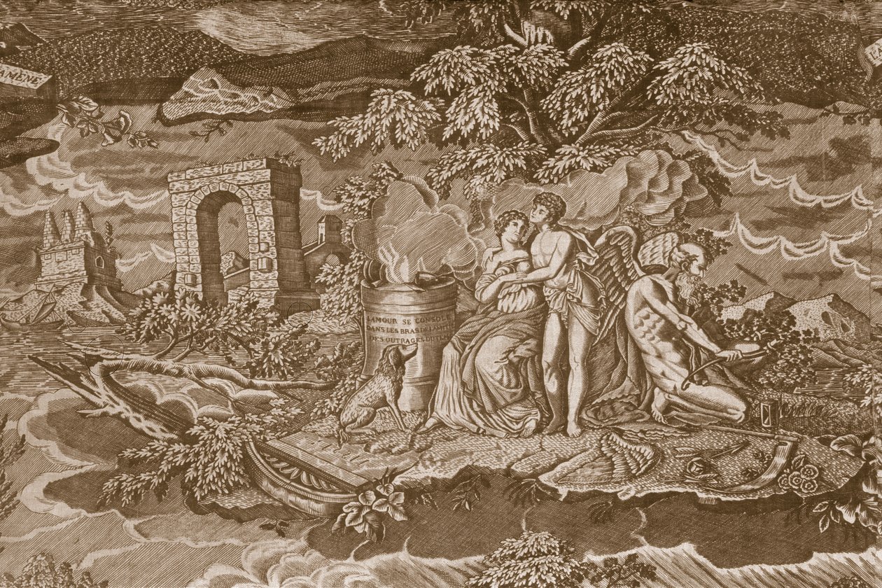 Stolebetræk med inskriptioner på fransk, ca. 1811 (rulletrykt bomuld) af French School