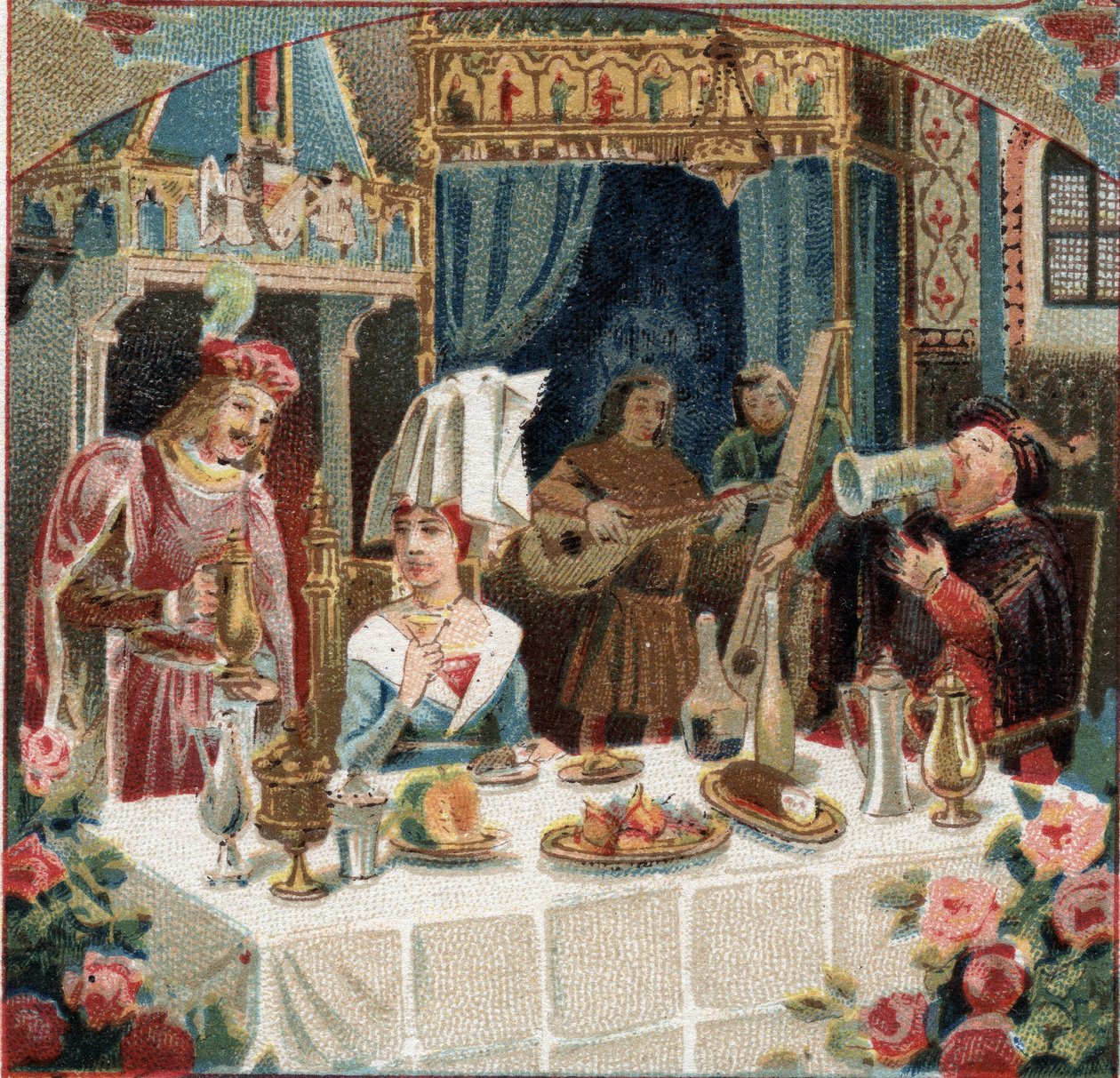 Kammerherre Jehan de Saintre serverer en drink hos Lady of Belles Cousines (Belles-Cousines) ved en banket på Chateau d