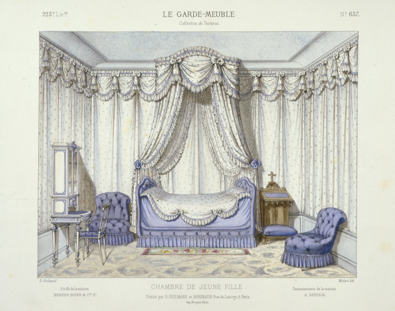 Chambre de Jeune Fille, fra Le Garde-Meuble, Pub. Paris, ca. 1890 (farvelitografi) af French School
