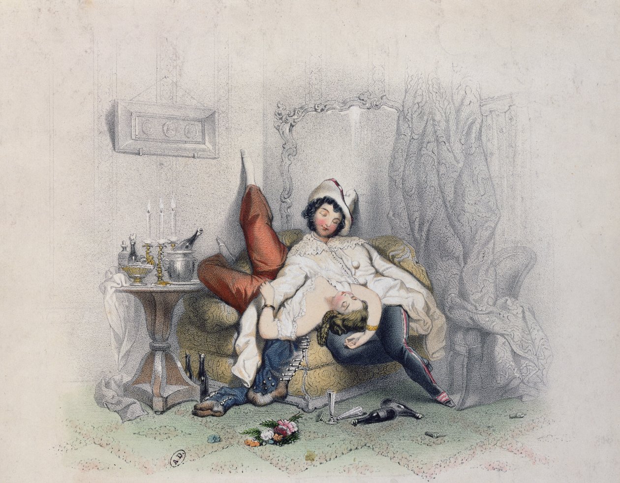 Champagne & Love, et amorøst par faldt i søvn efter deres sjette flaske champagne, indgraveret af Bettannier Freres, Paris, 1852 af French School