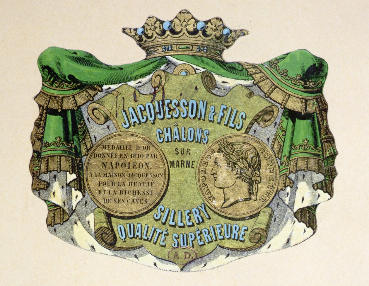 Champagne-etiket for Jacquesson & Fils, Champagne Sillery Marque, midten af det 19. århundrede (farve litho) af French School