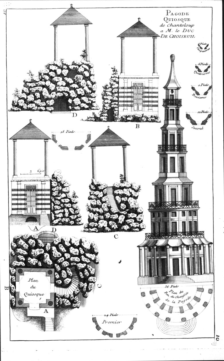 Chanteloup Pagoda, fra Details des Nouveaux Jardins a la Mode af George Louis le Rouge, udgivet ca. 1770-87 af French School