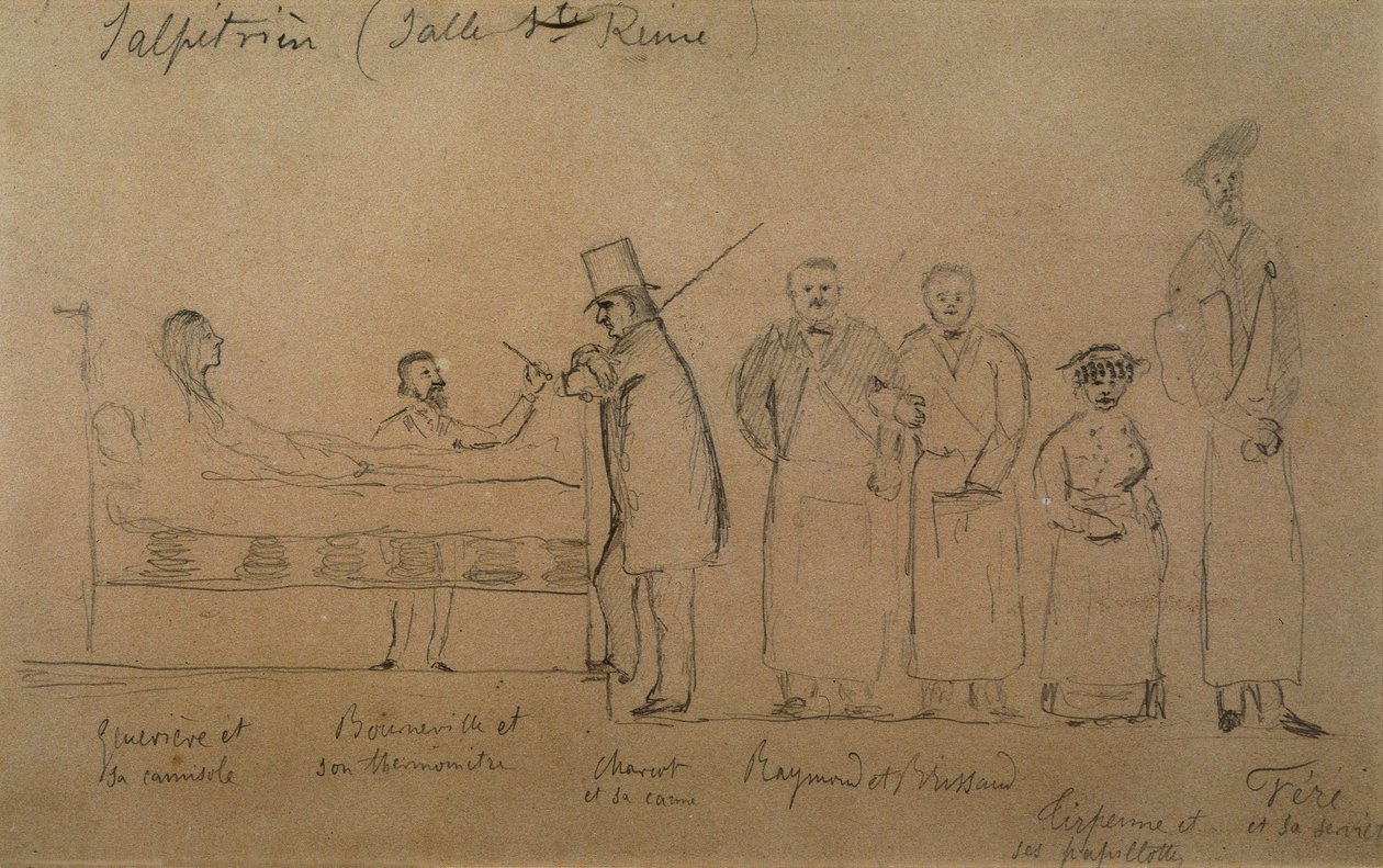 Charcot designet af en af hans elever. Fra venstre mod højre: patient Genevieve i en camisole, Doktor Desire Magloire Bourneville med et termometer, Jean Martin Charcot, Raymond og Brissaud, Me Tirperme og Charles Fere. Holy Queen Room, Salpetriere Hospi af French School