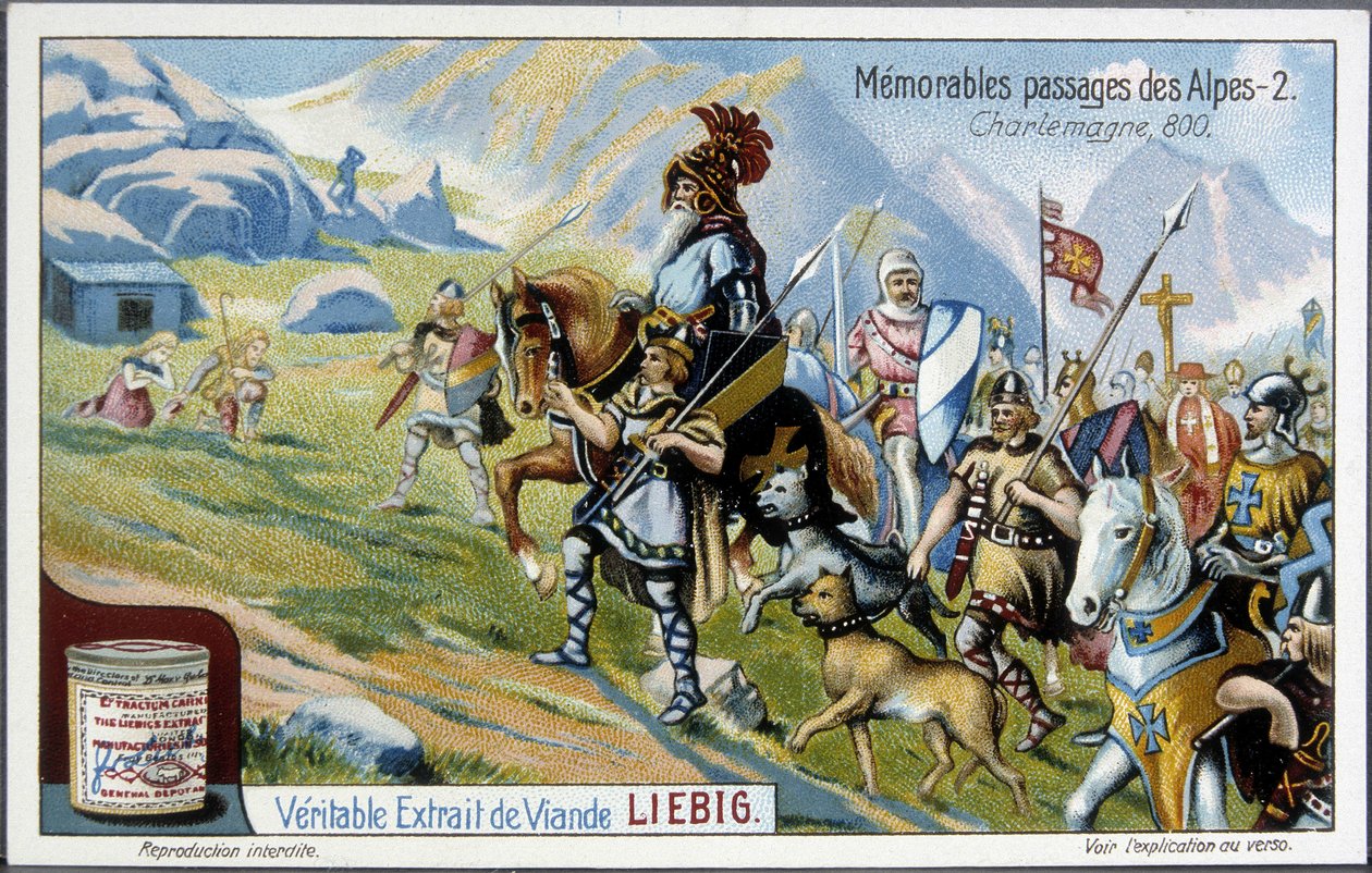 Karl den Store og hans hær krydsede Alperne i 800 - Liebig-kromolitografi, begyndelsen af det 20. århundrede. af French School