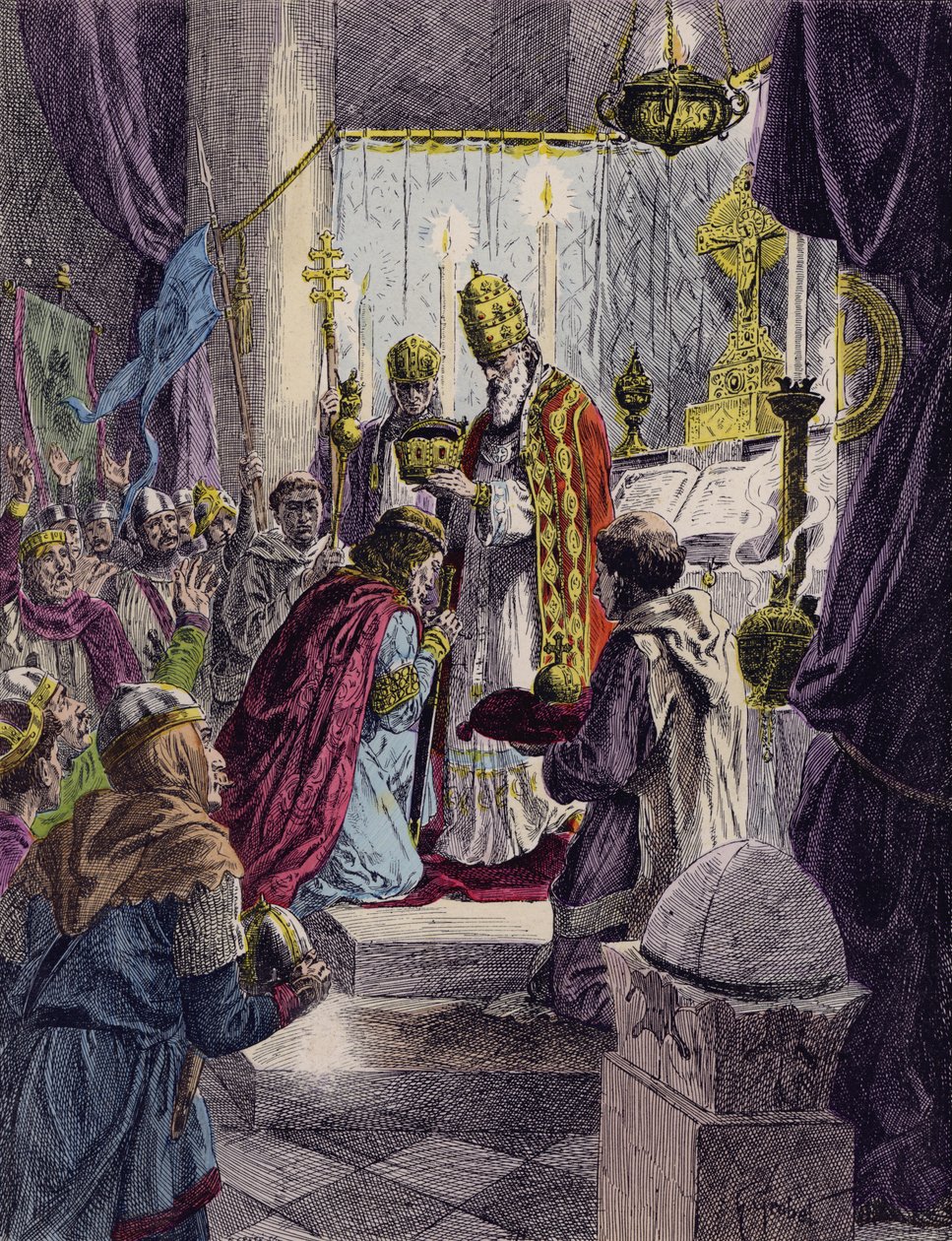 Karl den Store kronet til tysk-romersk kejser af pave Leo III, Rom, 800 (farvelitografi) af French School