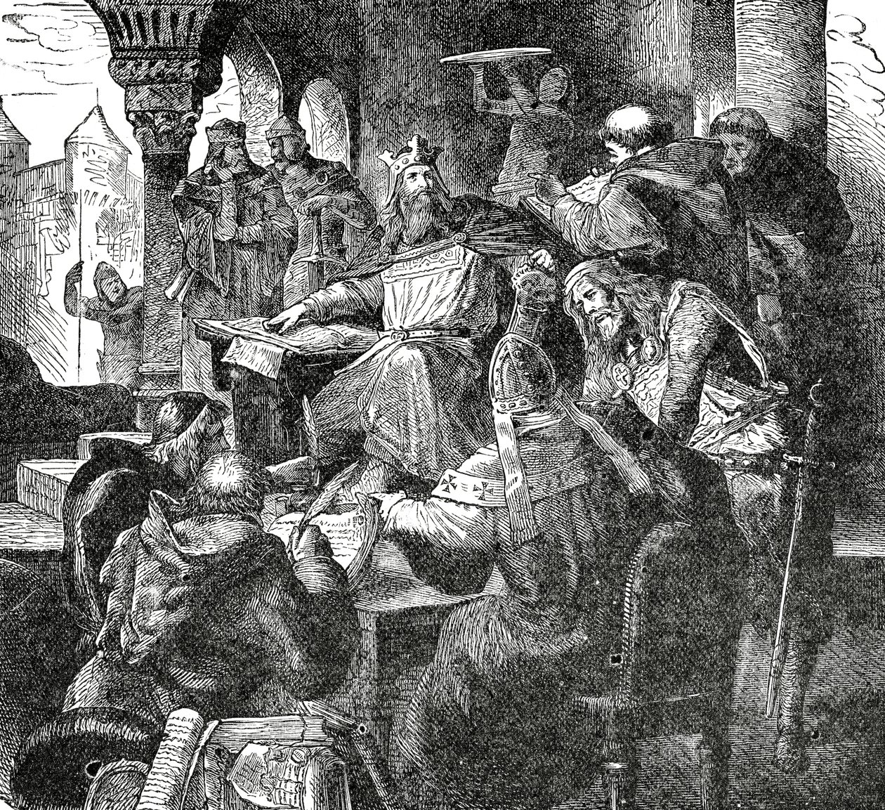 Karl den Store med elever og lærere fra hans Slotsskole i Aachen, ca. 1890 af French School