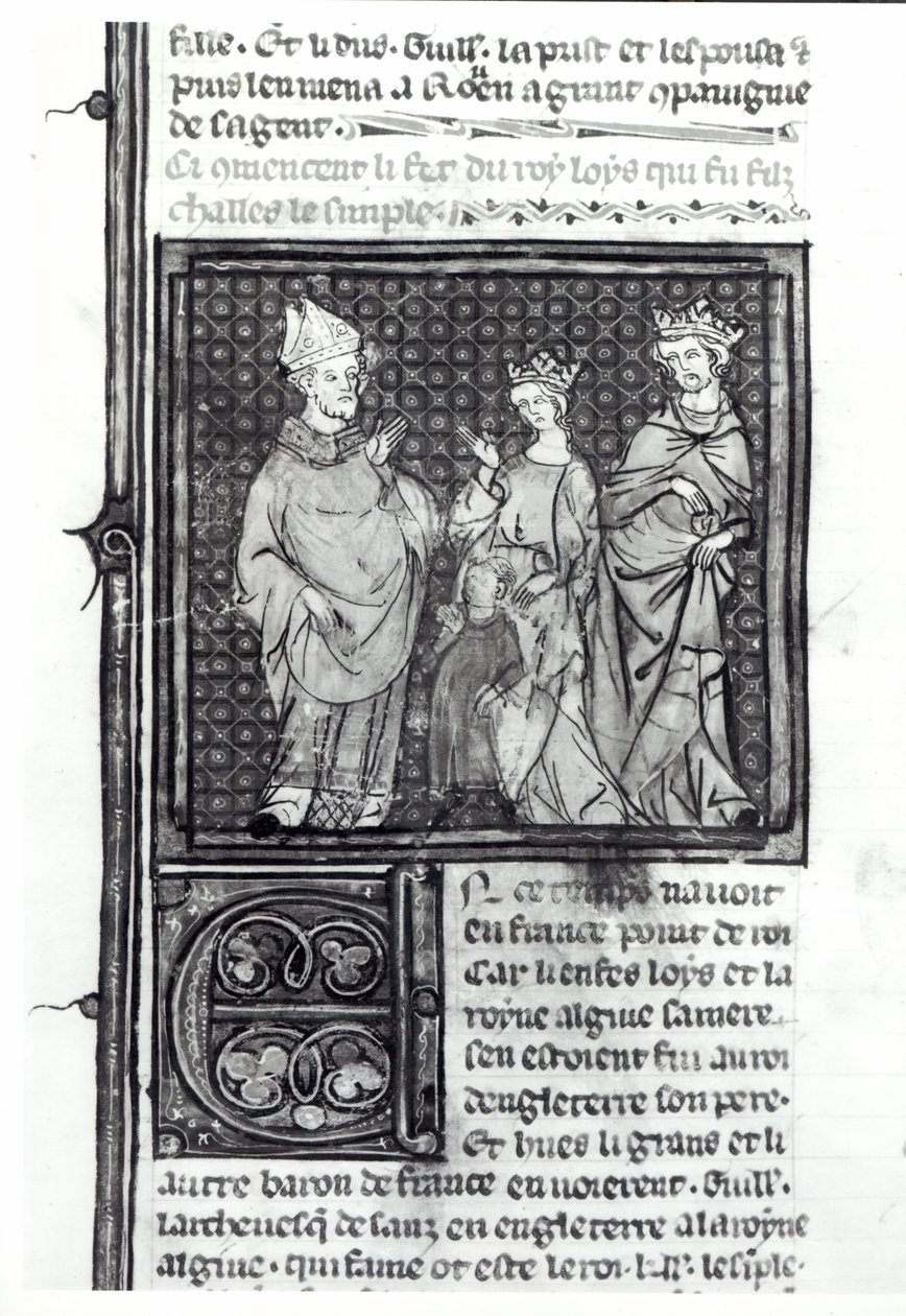 Charles III (879-929) den Enfoldige med sin kone og sin søn, Louis IV (921-954), Grandes Chroniques de France, 1375-79 af French School