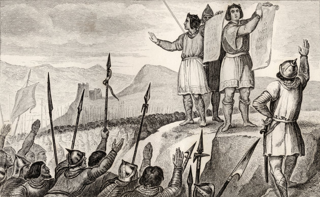 Charles II (823-77) den Skaldede og hans bror Ludvig den Tyske indgår traktat i Strasbourg i 842, fra 