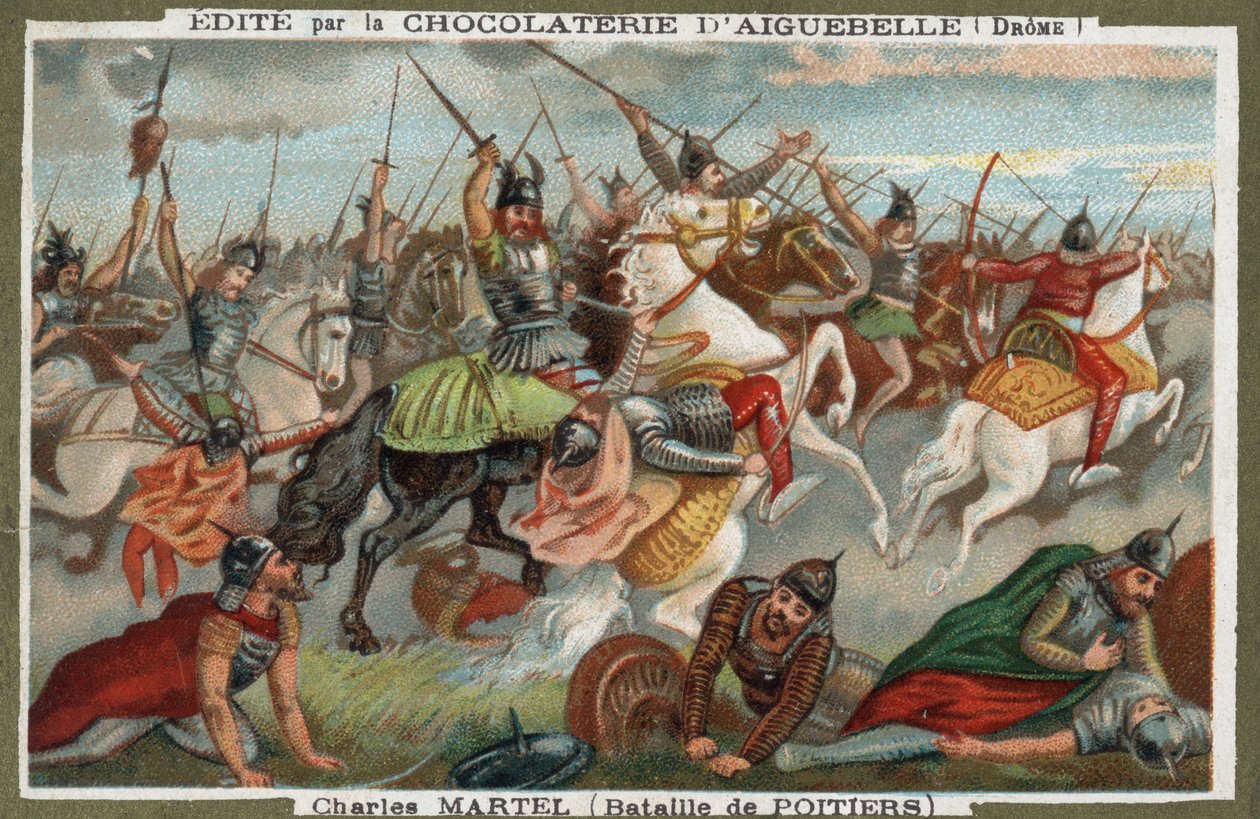 Charles Martel arresterede muslimer i slaget ved Poitiers i 732. Kromolitografi af det 19. århundrede. af French School