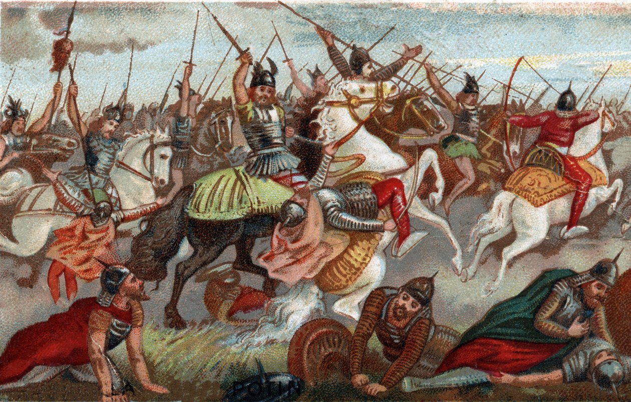 Charles Martel arresterer muslimerne i slaget ved Poitiers i 732. Kromolitografi af det 19. århundrede. af French School