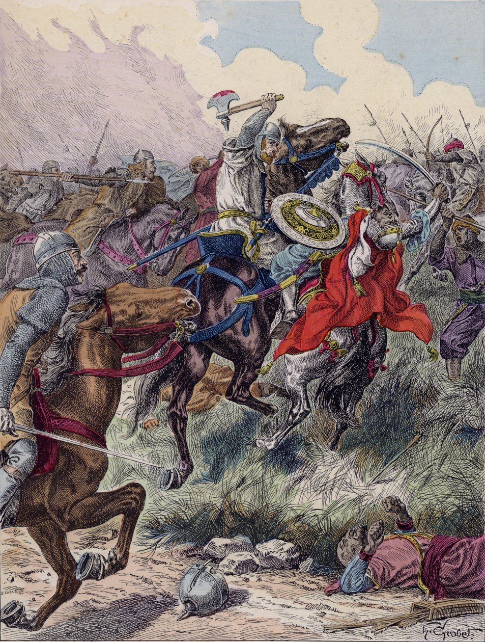 Charles Martel i slaget ved Poitiers, 732 (farvelitografi) af French School