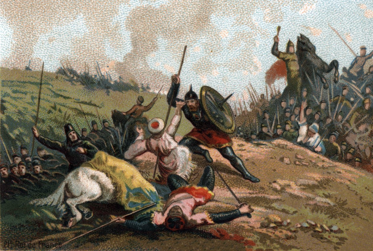 Charles Martel stoppede invasionen og dræbte lederen af Armee of Abd al-Rahman I eller Abderamane I (Abd al-Rahman) (731-788), leder af saracenerne. Kromolitografi omkring 1890. af French School