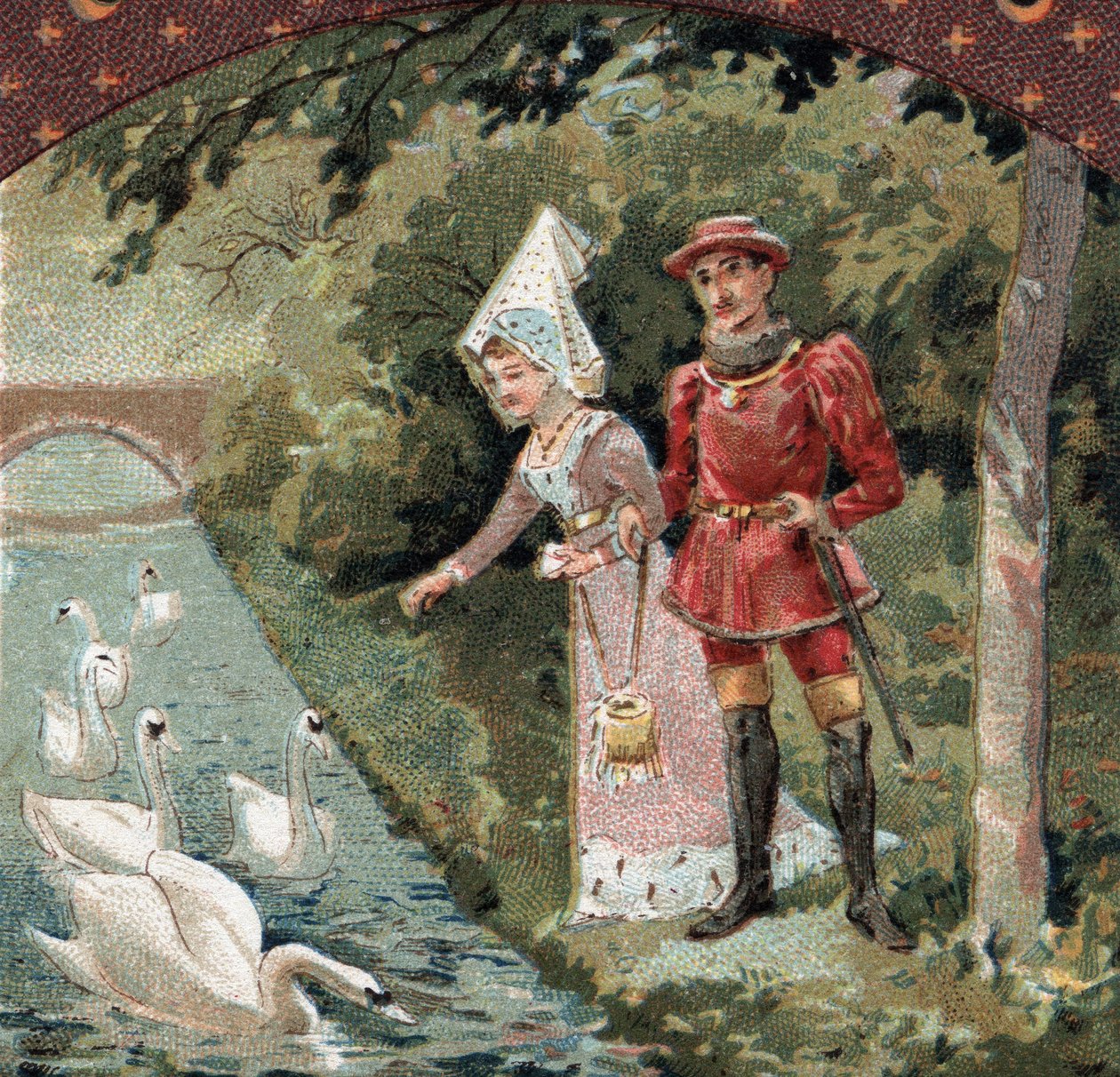 Charles VII (1403-1461) med sin favorit, Agnes Sorel (kendt som Lady of Beaute sur Marne (Beaute-sur-Marne) (1422-1450) fodrer svaner i parken ved slottet Savigny sur Orge (Savigny-sur) -Orge). Kromolitografi fra slutningen af det 19. århundrede af French School