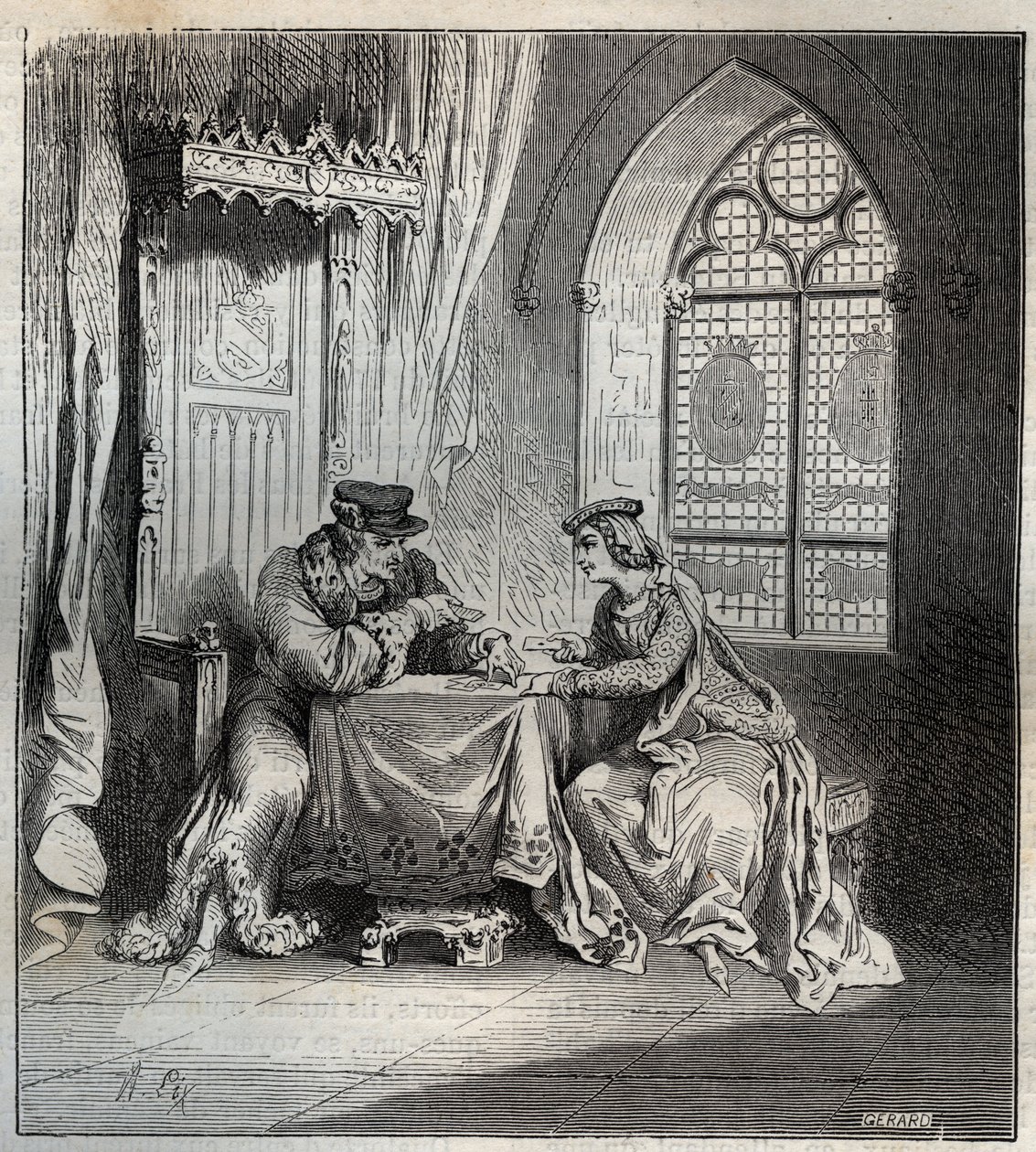 Charles VI (1380-1422) og Odette de Champdivers - Kong Charles VI af Frankrig, kendt som Charles the Good Aime, derefter Charles the Fol (1368-1422) med sin elskerinde Odinette (Odette) de Champdivers (ca. 1390-omkring 1425) spillekort indgravering i "Pari af French School
