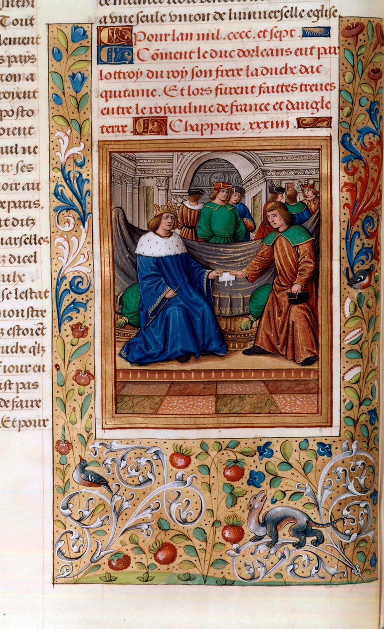Charles VI og Henry V underskrev "Troyes-traktaten" i 1420, illustration fra "Chroniques de Monstrelet" af French School