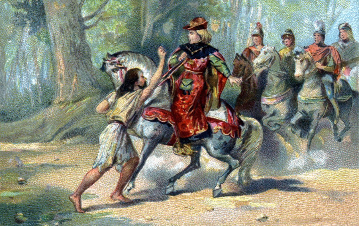 Charles VI fanget i vanvid i Le Mans-skoven. kromolitografi i slutningen af det 19. århundrede af French School