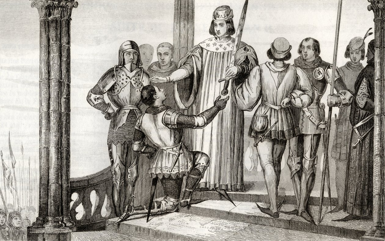 Charles V (1358-80) den Vise præsenterer sit sværd til Duguesdin, fra 