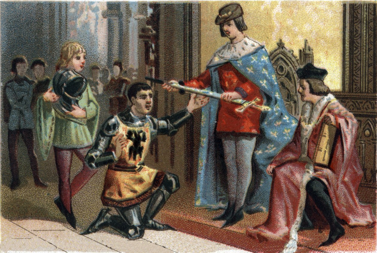 Charles V. De kloge (1338-1380) overlader højtideligt talen fra den forbundne Bertrand du Guesclin (1320-1380). Kromolitografi omkring 1890. af French School