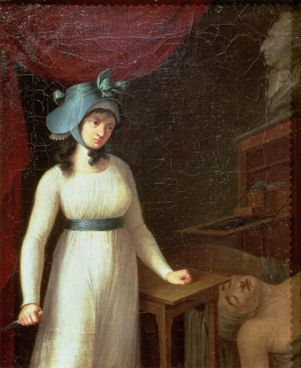 Charlotte Corday (1768-93) og mordet på Jean Paul Marat (1743-93) i hans bad af French School