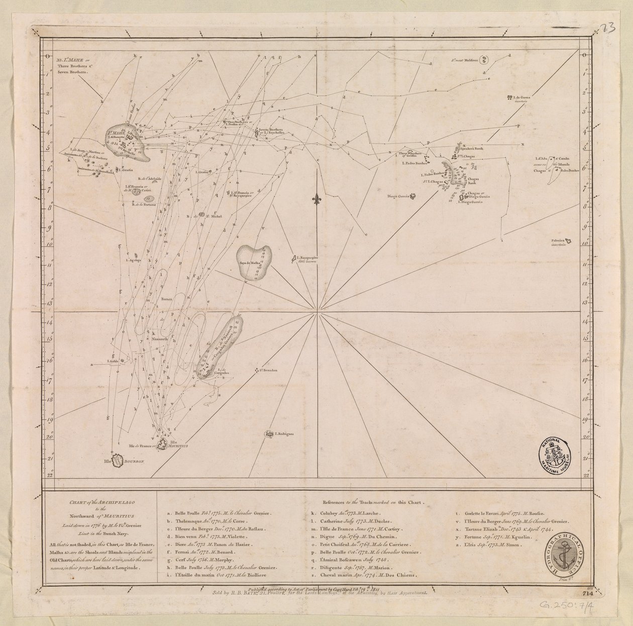 Kort over øgruppen nord for Mauritius udarbejdet i 1776 af M le Victe Grenier, løjtnant i den franske flåde [Inkluderer Seychellerne, de sydligste Maldiverne, Mauritius-gruppen og Chagos-øgruppen]. af French School